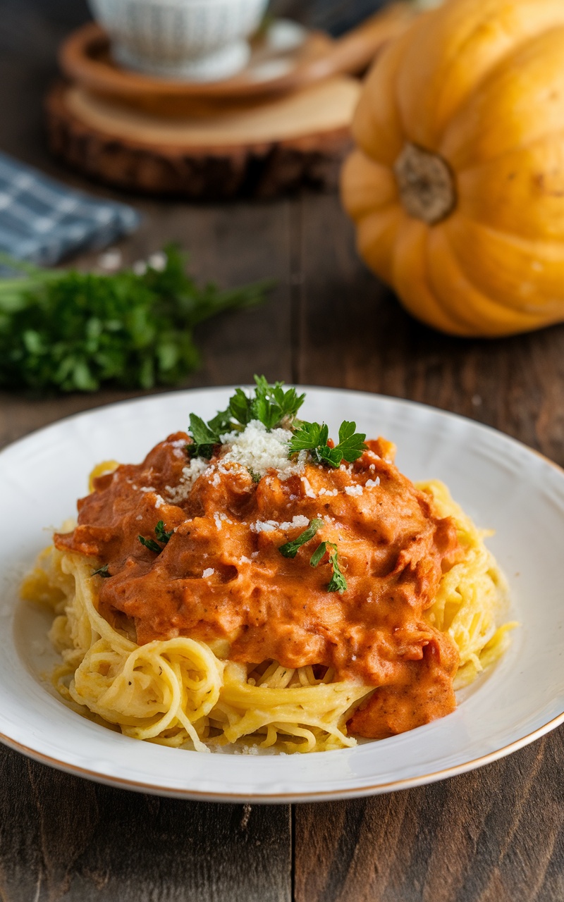 Creamy garlic parmesan spaghetti squash served with parsley on a plate.